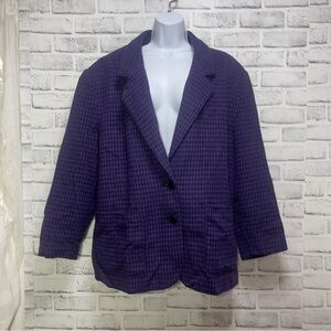 Vintage B.E. Wool Blend Made in Poland Purple Black Shoulder Pad Check Blazer L